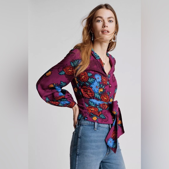 Floral Button Wrap Tie Shirt Blouse - Picture 3 of 4